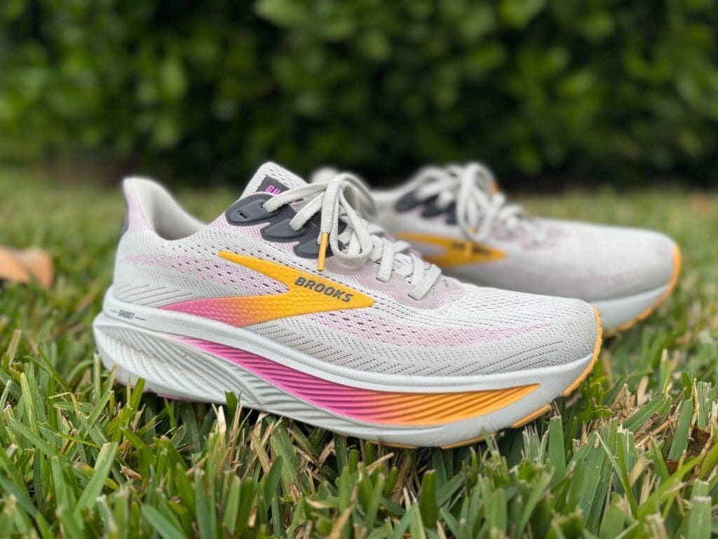 Product shot of Brooks Ghost 17 on grass outside
