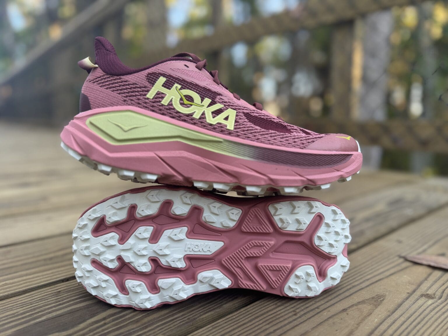 Hoka Challenger 8 Review: Big Cushion, Bold Looks, Mixed Ride hoka challenger 8 sitting on top of another challenger 8 product shot on a trail