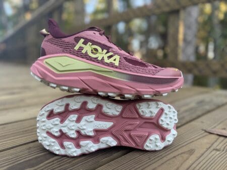 Hoka Challenger 8 Review: Big Cushion, Bold Looks, Mixed Ride hoka challenger 8 sitting on top of another challenger 8 product shot on a trail