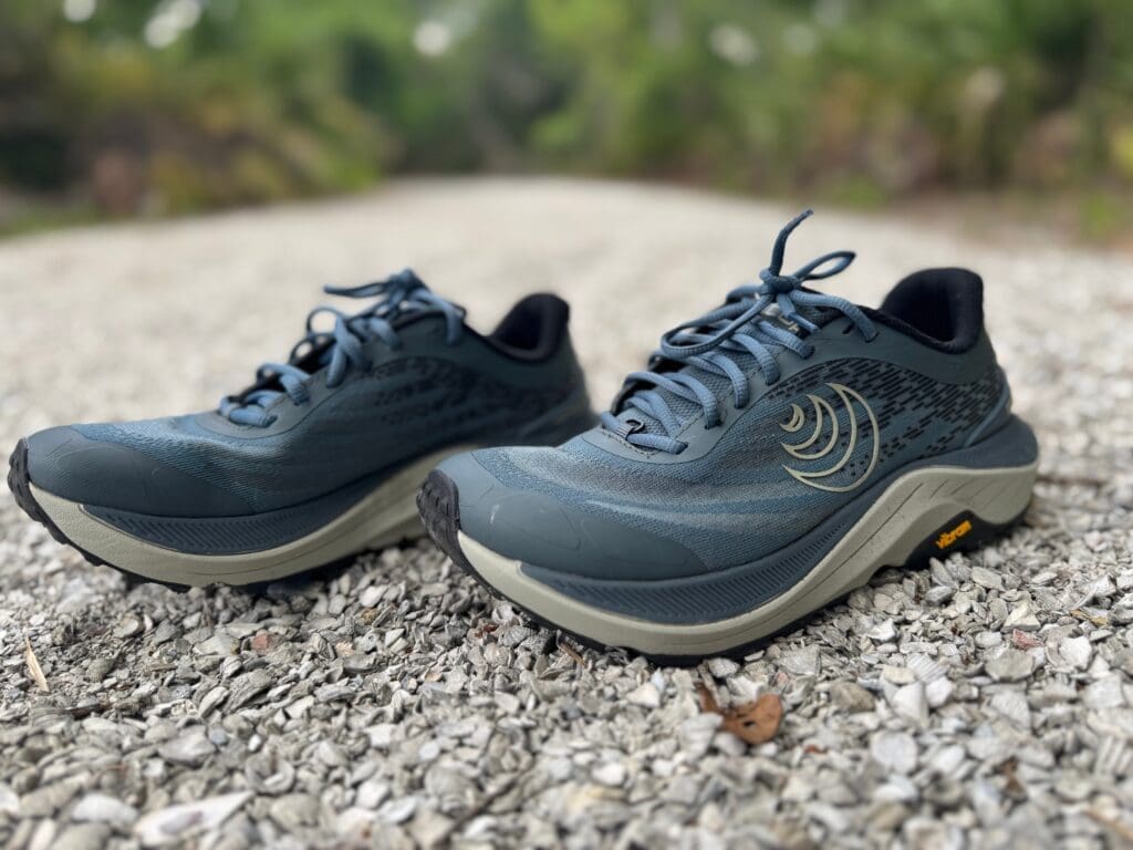 Topo Ultraventure 4 shoes side by side on gravel trail