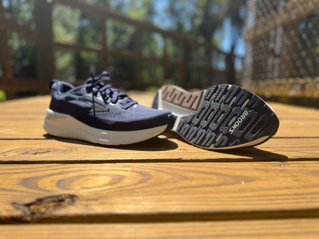 Brooks Beast 26 shoes on the ground showing the outsole road track rubber