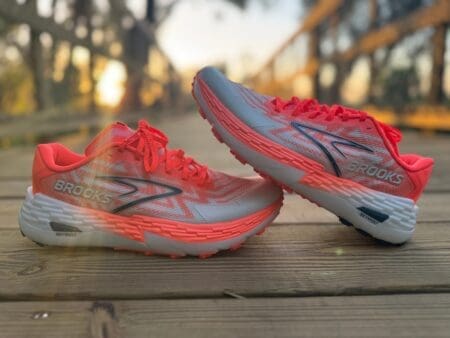 brooks catamount 4 shoes stacked on top of each other on trail bridge