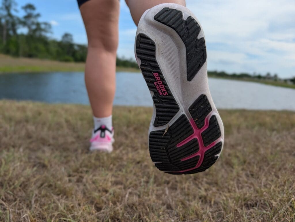 Brooks Glycerin 23 outsole rubber on foot with person running