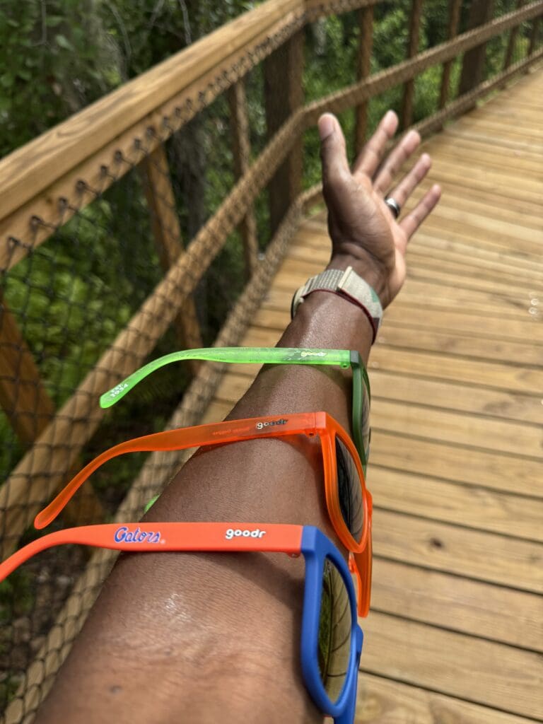 goodr sunglasses on arm lined up