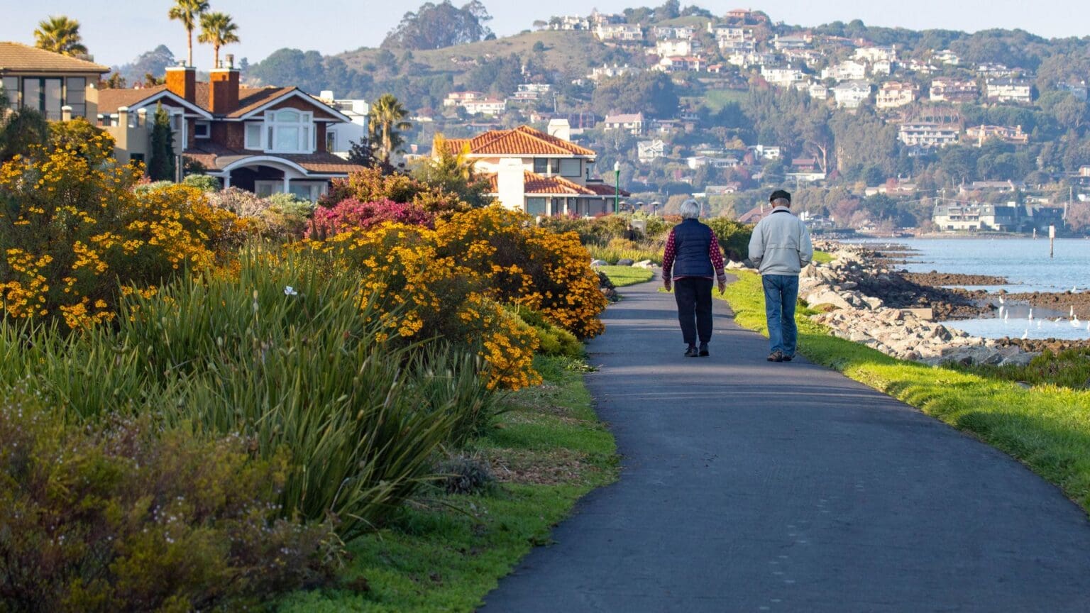 older seniors walking through a park with a beautiful landscape
